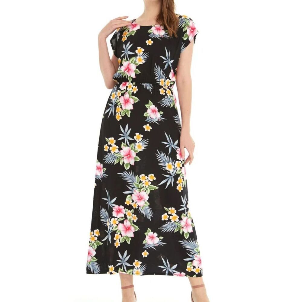 HAWAIIAN‎ HANGOVER Cap Sleeve Maxi Floral Dress Sz 2X Hibiscus Flowers Black NWT